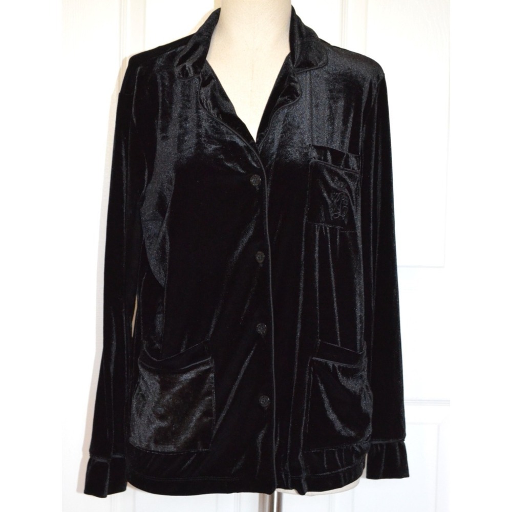 Lauren Ralph Lauren Black Label Black Velour‎ Button Front Top Logo Women's M